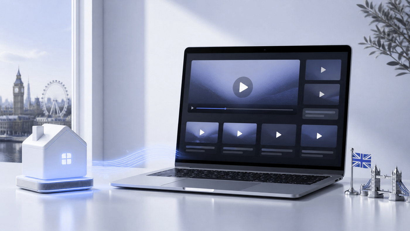 A laptop streams local UK content through an independent UK home residential IP node